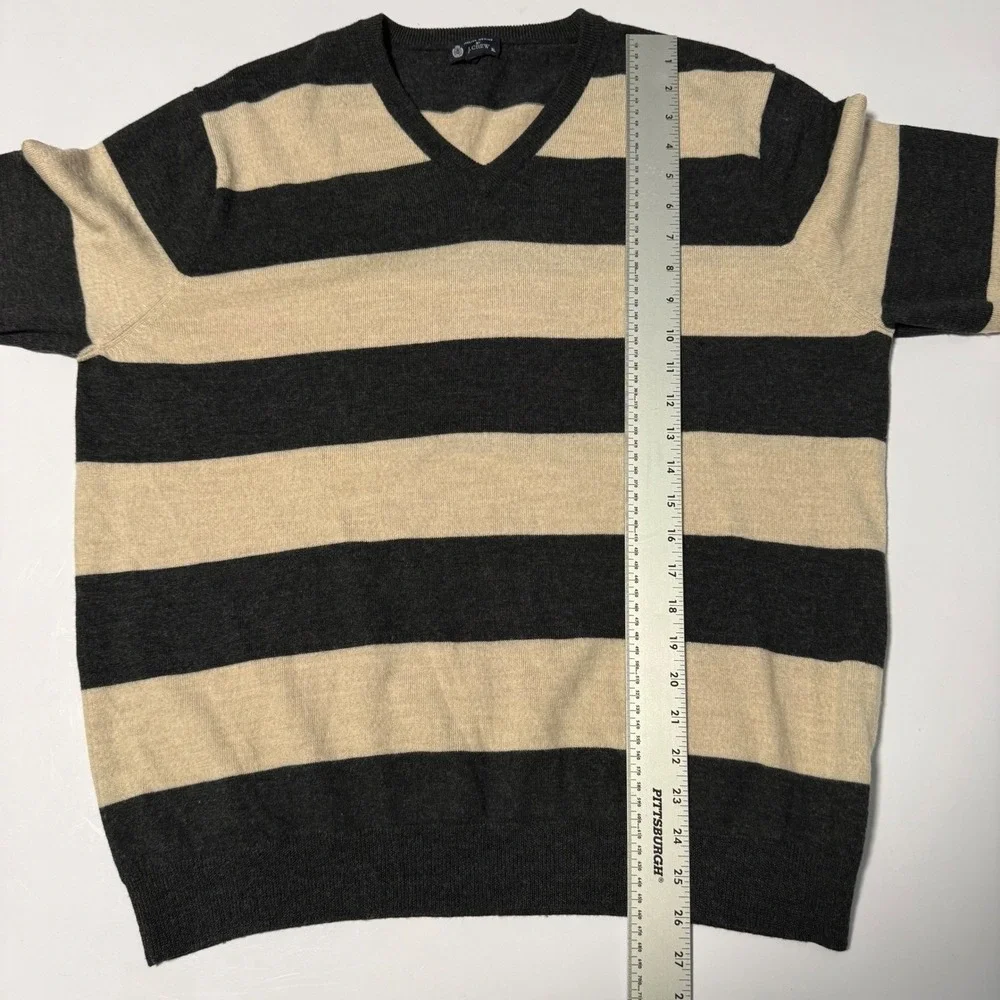 J.Crew Mens XL Italian 100% Merino Wool V-Neck Striped Sweater Charcoal Grey Tan